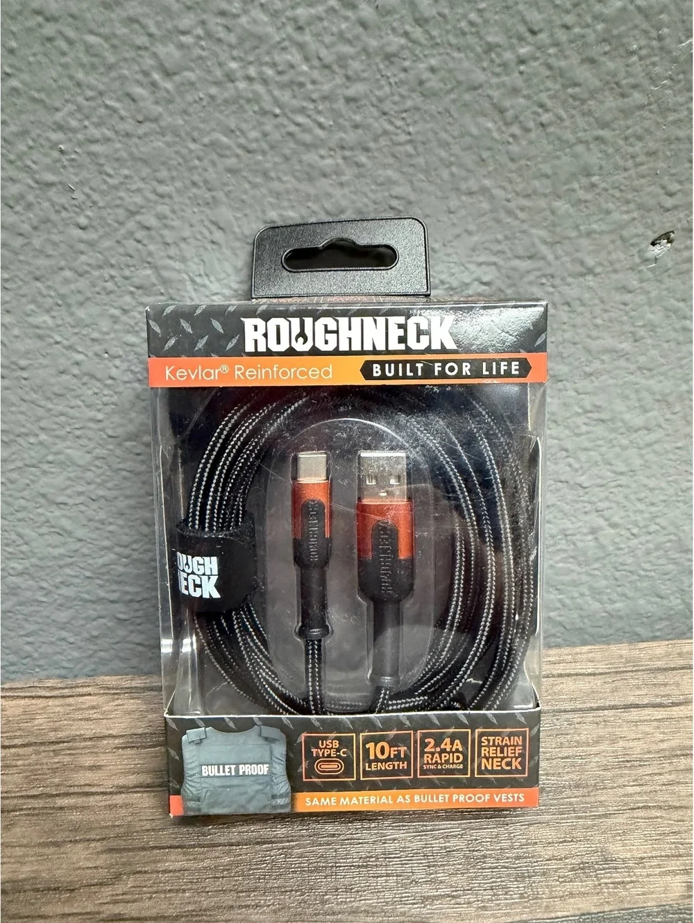 10ft Roughneck USB-C to USB-A Cable 2.4A Indestructible Black Orange Cord New